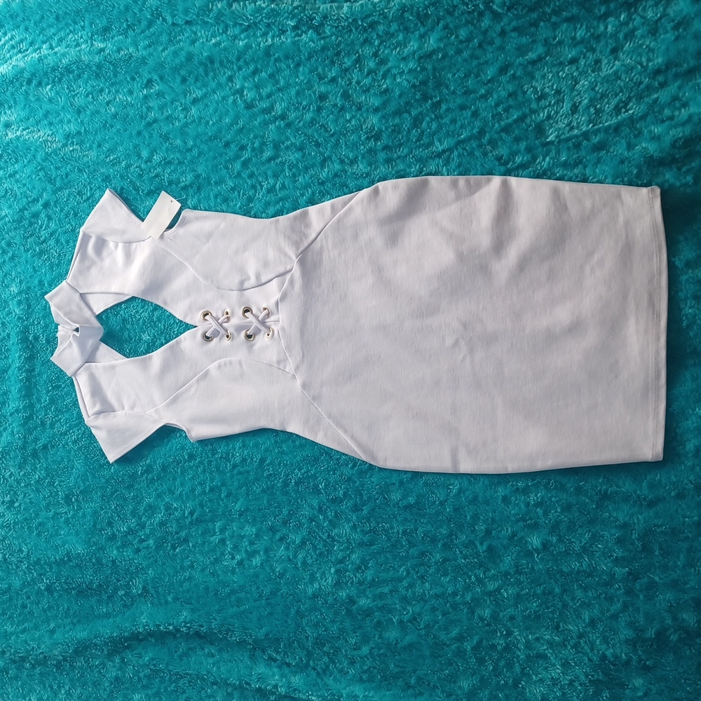 White Bodycon with gold buttons/button holes and front mock lace up.